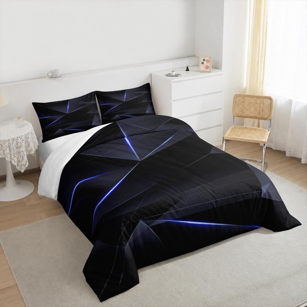 Dark Abstract Geometric Polygon Bedding set (1 duvet cover, 2 pillowcases, duvet not included), Blue Glowing Line Modern Art Print