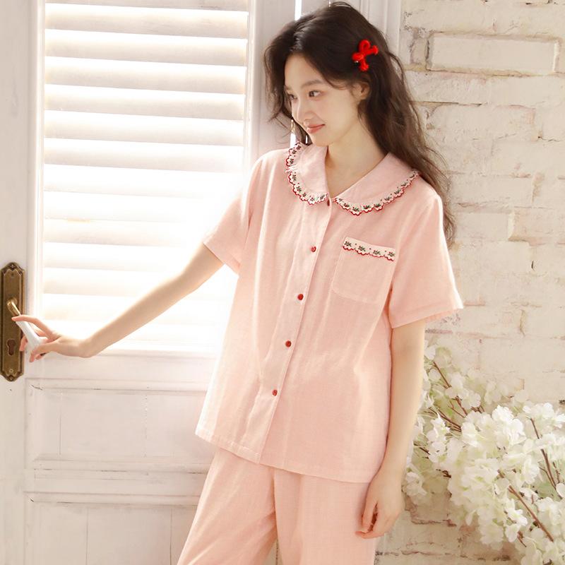 Summer pajamas women's pure cotton cotton yarn sweet high-tech embroidered women's doll collar can be worn outside short-sleeved trousers set 19