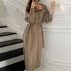 Casual Oversized Knitted Dress with Belt High Neck and Diagonal Button for Plus Size Women