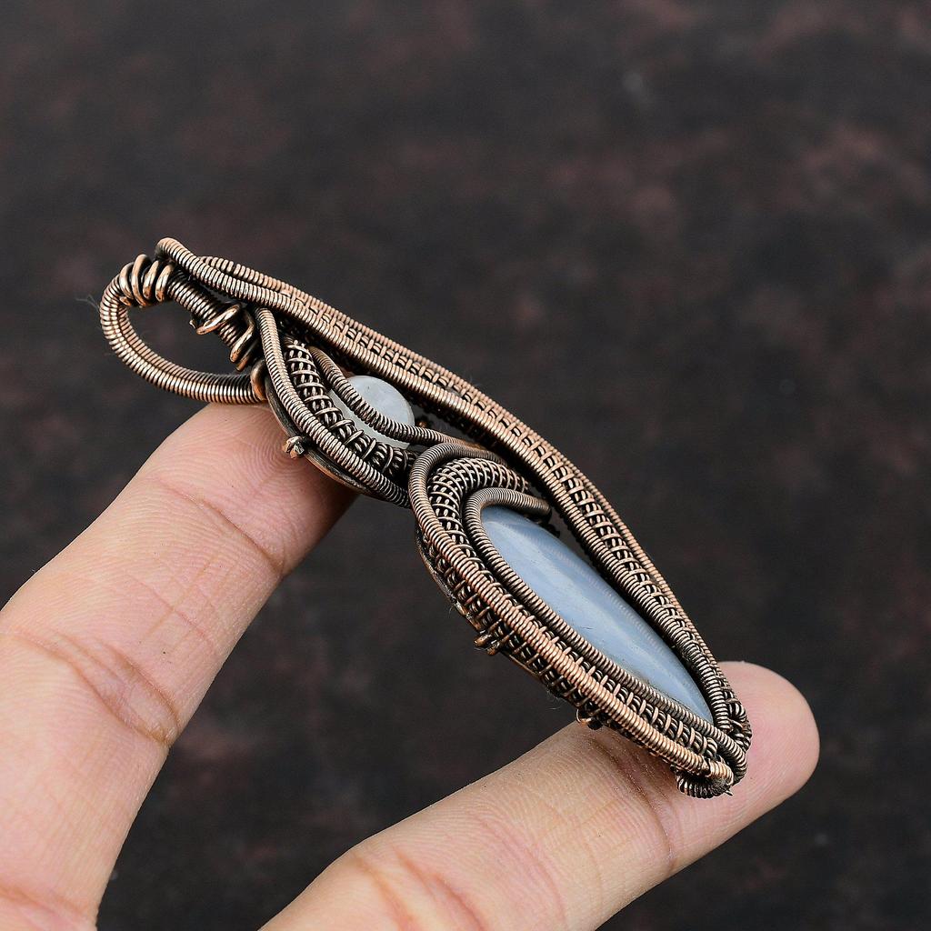 Подвеска Angelite, медная проволочная обернутая подвеска Rainbow Moonstone, ручная работа, ювелирное изделие Angelite, подвеска из драгоценного камня, подарок для него, проволочная бижутерия