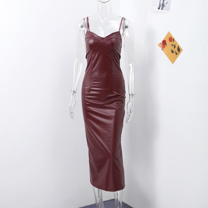 Женское сексуальное платье с открытой спиной из тонкой кожи на бретельках, модное платье без рукавов с застежкой-молнией, длинное платье на бедрах, вечернее платье