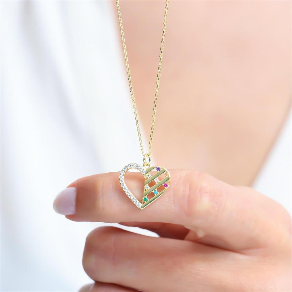 Mix Stone Sparkling Heart Treasure Gold Color Silver Necklace