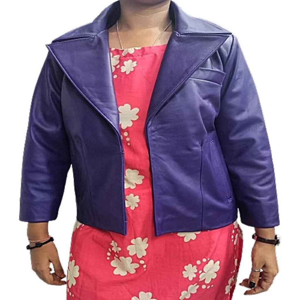 Women's Purple Solid Casual Tailored Leather Blazer, Women's Purple Two Button Closure Leather Blazer, Women's Purple Leather Coat.