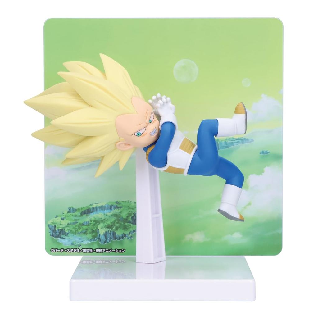 Миниатюрная фигурка Вегеты Супер Сайян 3 из аниме Dragon Ball DAIMA от Banpresto с панелью.
