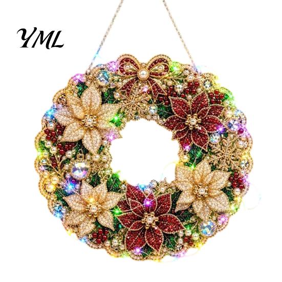 DIY Home Holiday Decor Acrylic Christmas Faux Pearl Art Hanging Kit, Lighted Wreath 3D Beaded Craft Painting Set Kit with LED String Light,