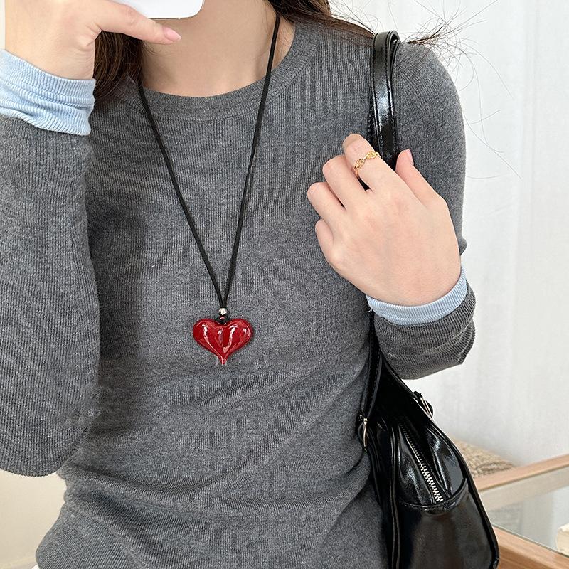 Simple Versatile Red Heart Bowknot Necklace For Women Girls Big Heart Pendant Necklaces Jewelry Accessories Gifts