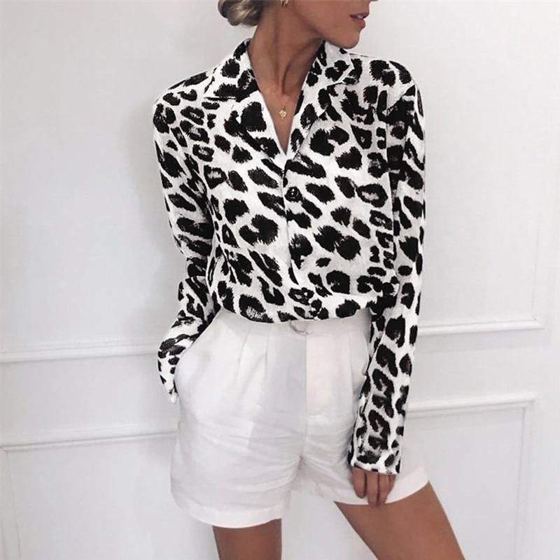 Leopard Print Chiffon Blouse Women Chic Casual Long Sleeve Turn Down Collar Office Lady Vintage Oversized Blusas