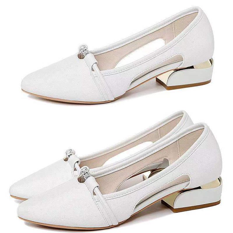 Shallow-mouthed Shoes Women's Low-heeled Spring and Autumn Shoes Joker White Thick Heel Work Shoes Anti-slip