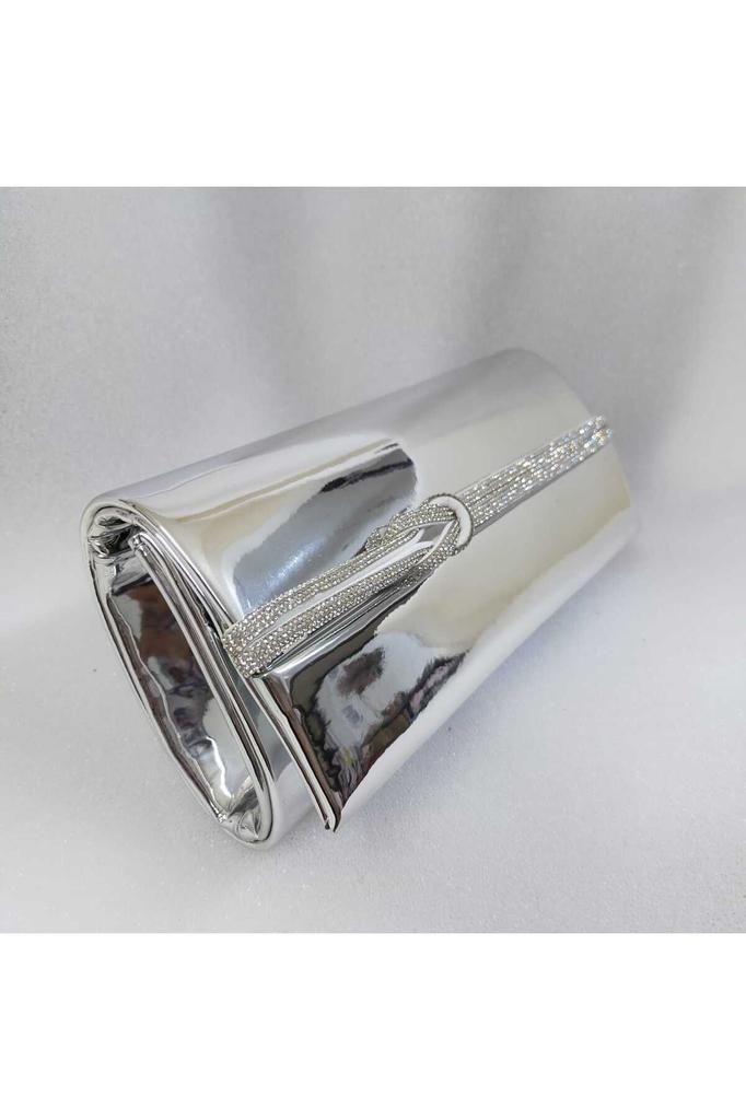 Women's Stylish and Useful Evening Dress Bag Silver Lame Shiny Silver Stone Evening Bag