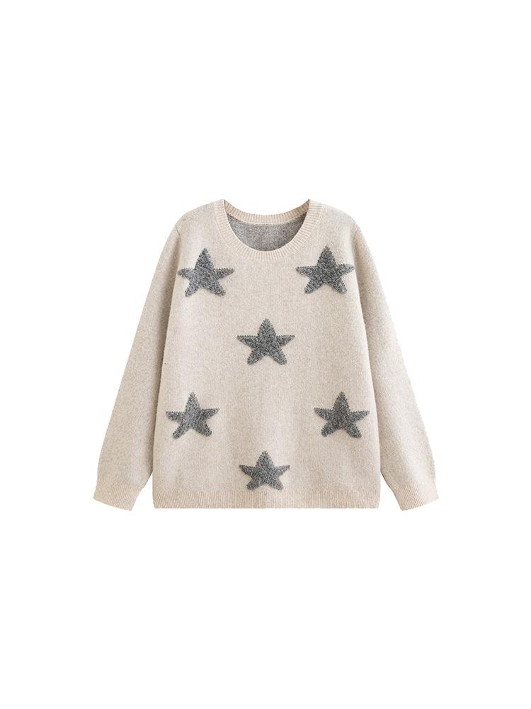 Plus Size Women's Star Embroidered Color Block Sweater - Winter 2025, Loose Knitwear for Chubby Girls