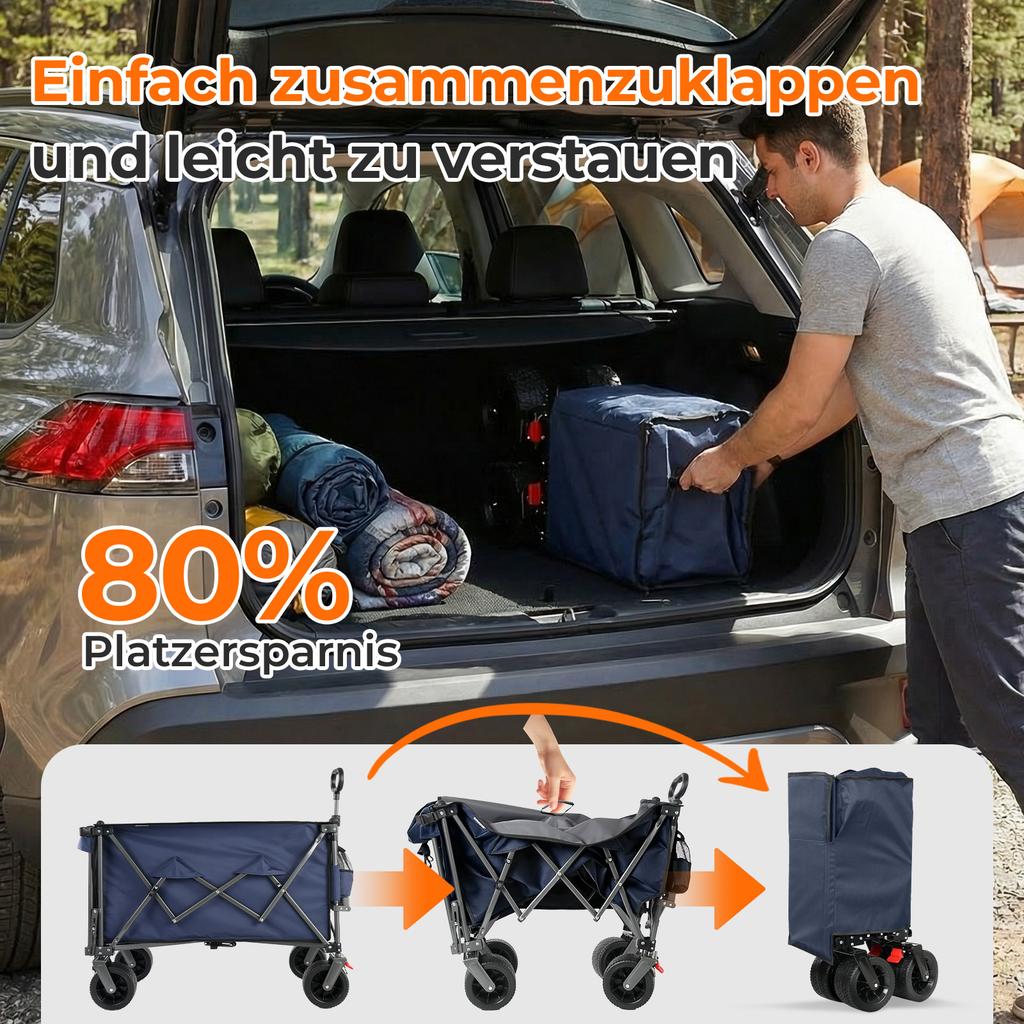 200L+100L Foldable Wagon & Tailgate, 140cm, Extra Wide 17x10 cm All-Terrain Wheels Hand Cart, Ideal for Garden, Shopping, Beach, Outdoor Use (Blue)