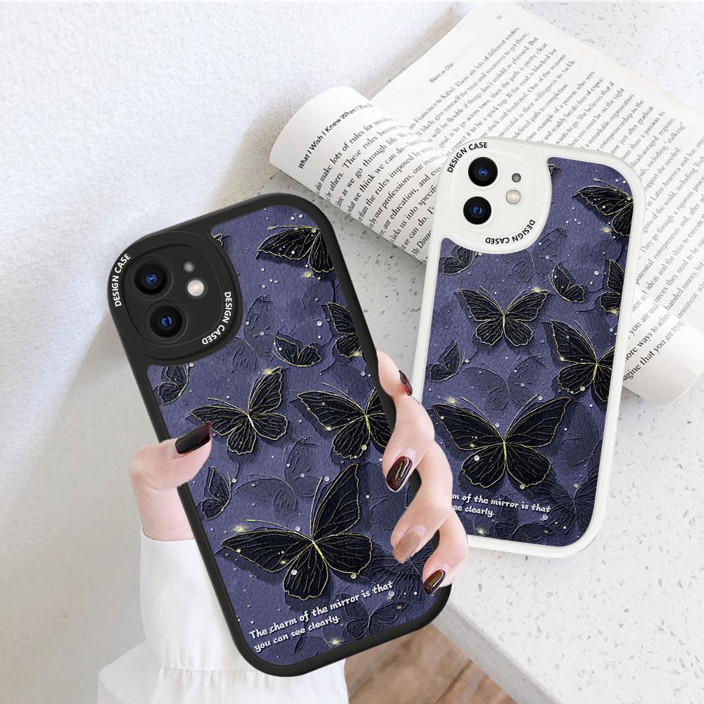 Slim Skin Feeling Cartoon Black Butterfly Soft Silicone PU Leather Cover Phone Case for iPhone Samsung Huawei Honor Xiaomi Redmi OPPO Realme Vivo