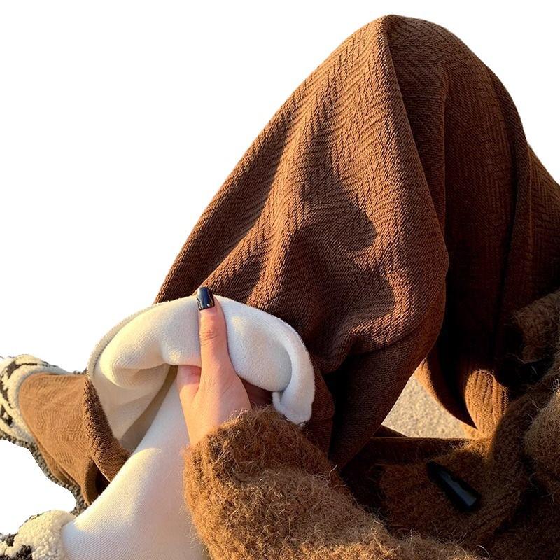 Женские широкие брюки кофейного цвета с высокой талией — универсальный вариант для весны, осени и зимы, с отделкой из бархата, свободный крой, повседневный драпированный стиль.