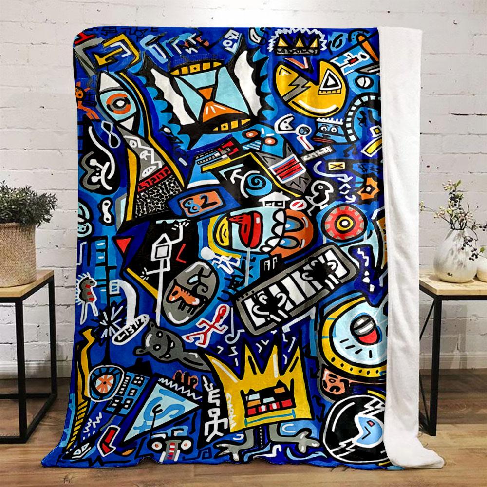 Bold abstract shapes, symbols, and objects on vibrant blue background. for all seasons blanket lunch break throw gift