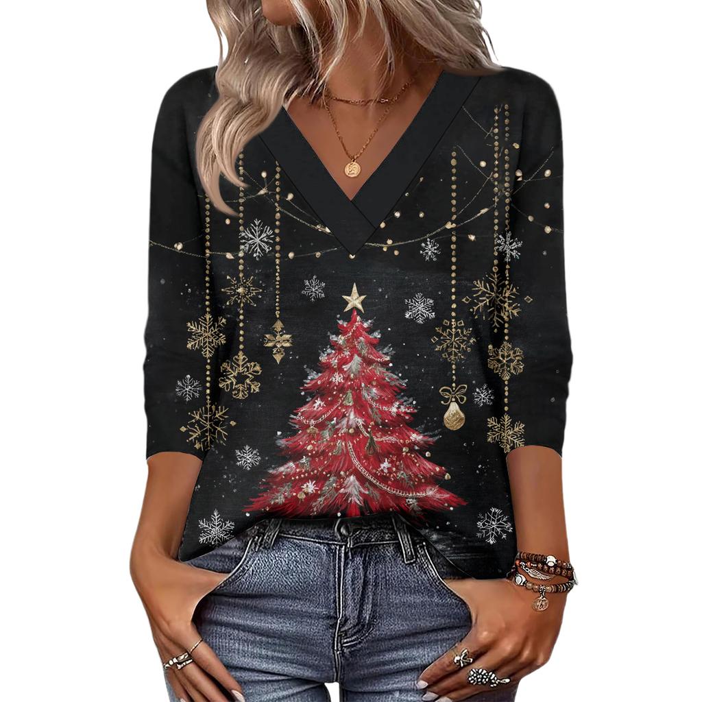 Women's Loose Comfortable Casual Fashion V-Neck Christmas Print 3/4 Sleeve Top