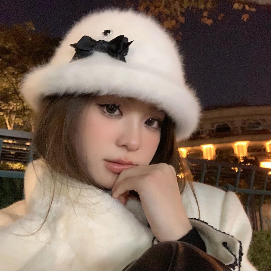 Winter Hemming Design Bow Plush Bucket Hat Female Temperament Small Face Thickened Warm Solid Color Bucket Hat