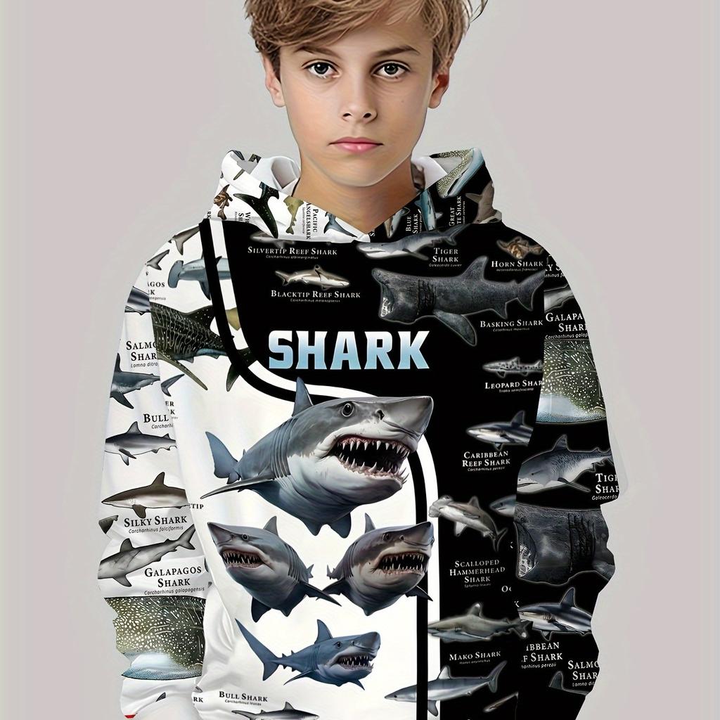 Детская одежда Толстовки с капюшоном для мальчиков с длинным рукавом и принтом акулы 3D Детская одежда на весну и осень Повседневная уличная одежда для девочек Топы