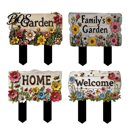 Yard Welcome Sign Floral Garden with Stake, Farmhouse Sign, Colorful Flowers Stake Art Rustic for Home Pathway Planter Decor Flower Pot
