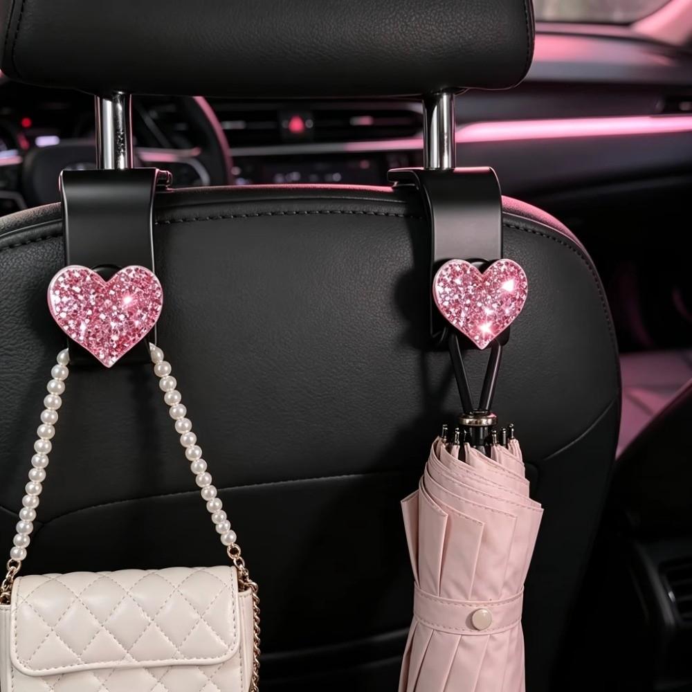 2Pcs Sparkly Car Headrest Hooks Heart-Shaped Purse Holder Cute Seat Back Organizer Hat Hanging