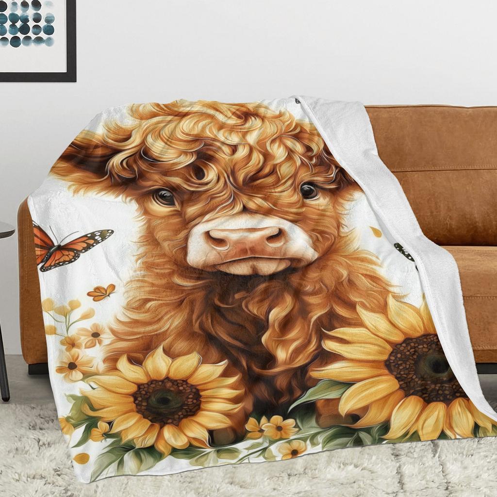 Cozy Highland Cow Print Flannel Throw Blanket, Soft, Warm,Office, and Travel, Multi-purpose All Season Gift Blanket For Family