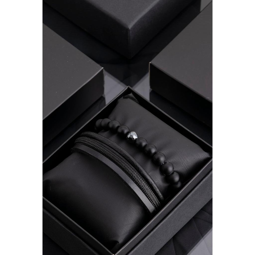 Мужской комбинированный браслет из черной натуральной кожи и гематита из натурального камня 001