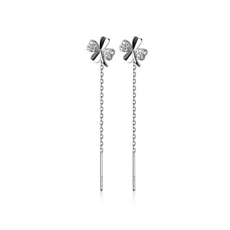Серьги-гвоздики с четырехлистником женские нишевый дизайн темперамент длинные серьги с отверстием для уха для круглого лица показывающие тонкость кисточка универсальное ушное украшение