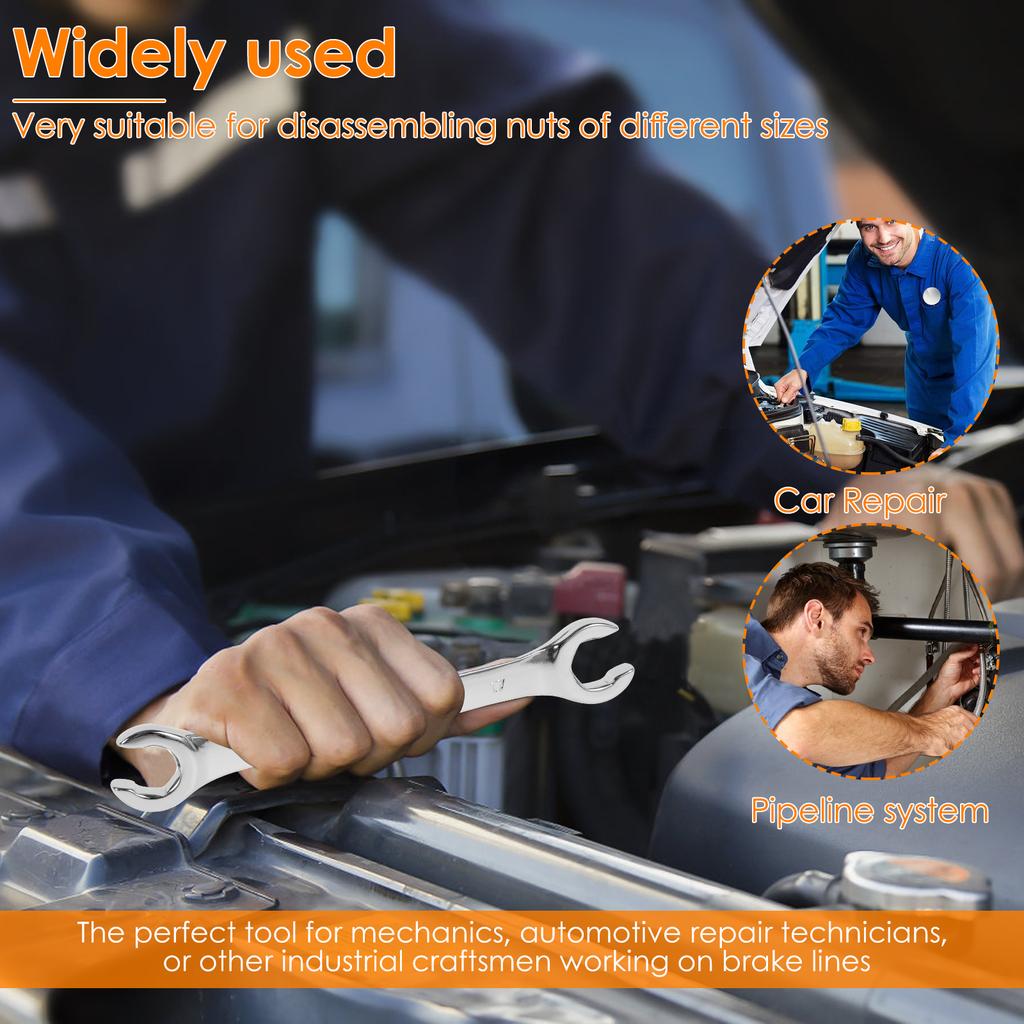 3 Pcs Metric Flare Nut Spanner Set Double End Open Ring Spanner Set Chrome Vanadium Steel Brake Line Wrench for Mechanics