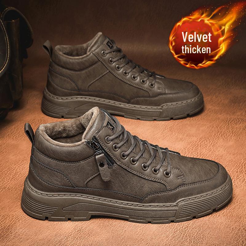 Мужские зимние рабочие ботинки из кожи с бархатной подкладкой - повседневные туфли в стиле ретро с мягкой подошвой и низким верхом в стиле Мартина