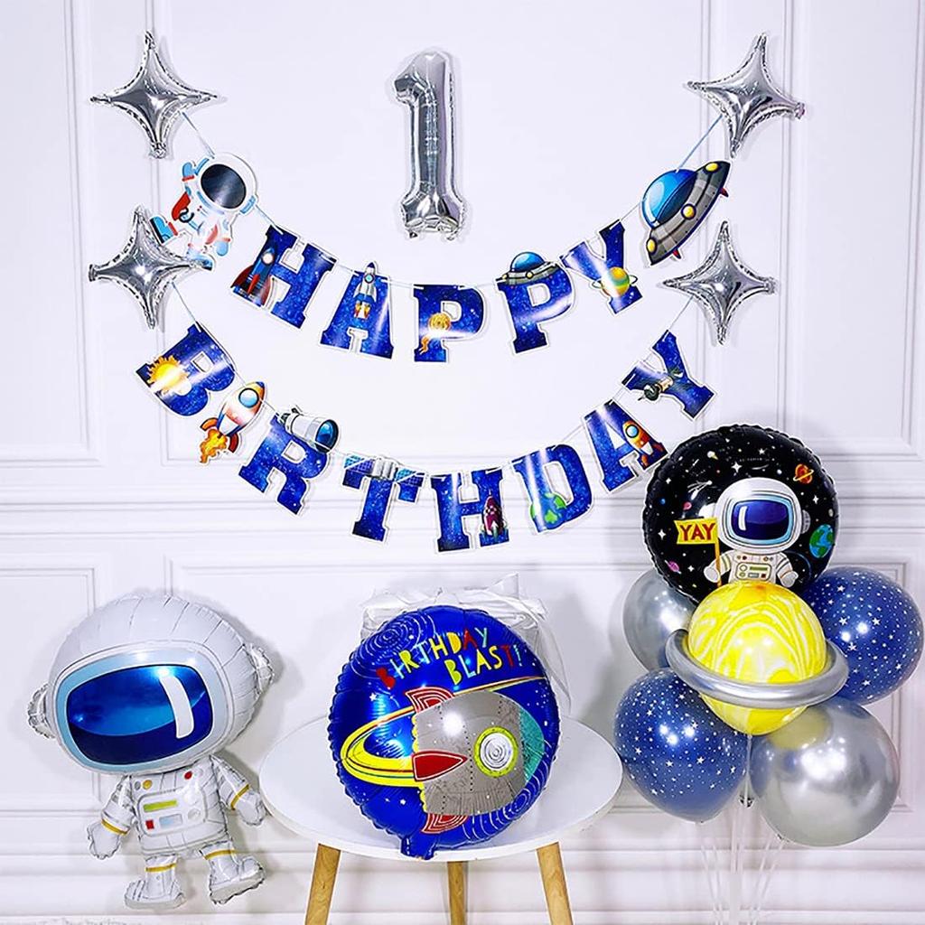 Space Ship Astronaut Happy Birthday Banner Boys Birthday Party Banner Decoration Blue