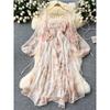 Fairy Vacation Style Suit Women's Fitted Waist Pleated Sling Dress + Long Sleeves Strap Sun Protection Shawl Chiffon Suit