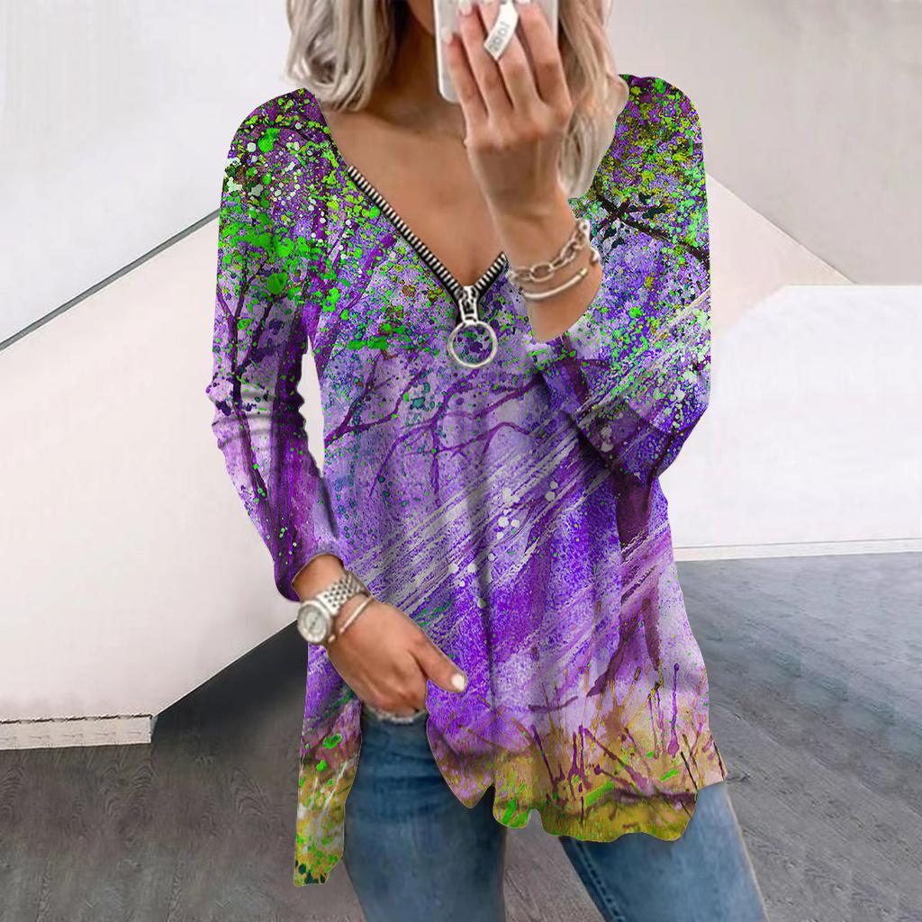 Женские футболки с длинным рукавом и принтом «Осенний красочный лес», свободные футболки больших размеров с V-образным вырезом, удобные блузки