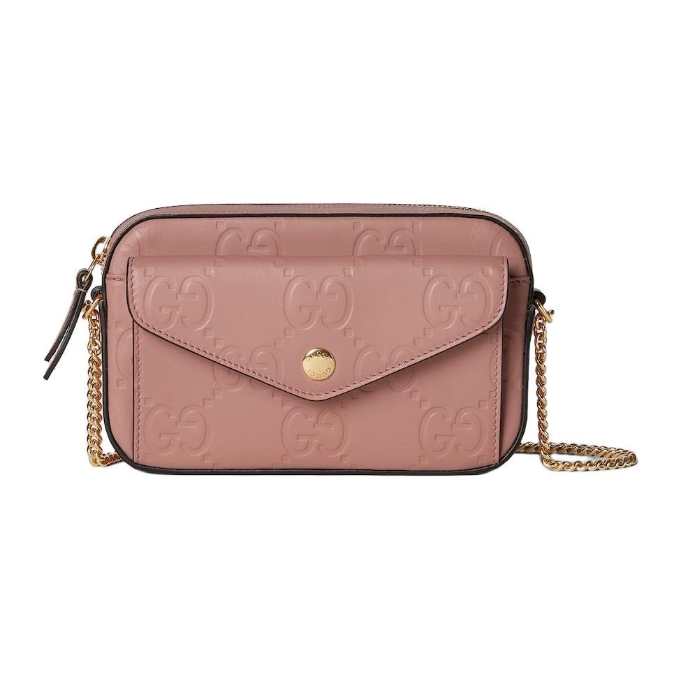 Gucci Solid Color Logo Print Chain Shoulder Strap Zipper Closure Leather Mini Crossbody Bag Women bags Powder 781554-AAC1Q-5820