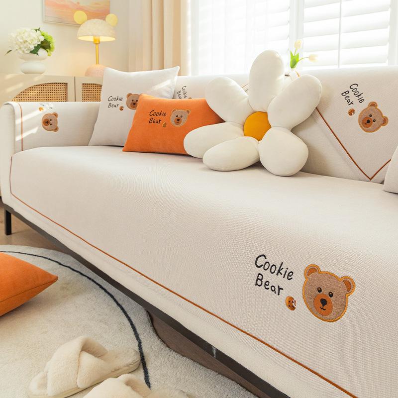 New Cartoon Sofa Cover Solid Color Chenille Universal Anti-slip Sofa Covers for Living Room Embroidered Little Bear Couch Covers