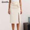Women's White Side Slit Midi Skirt with Buttons A-Line Front Button Down Half Skirt QT2713