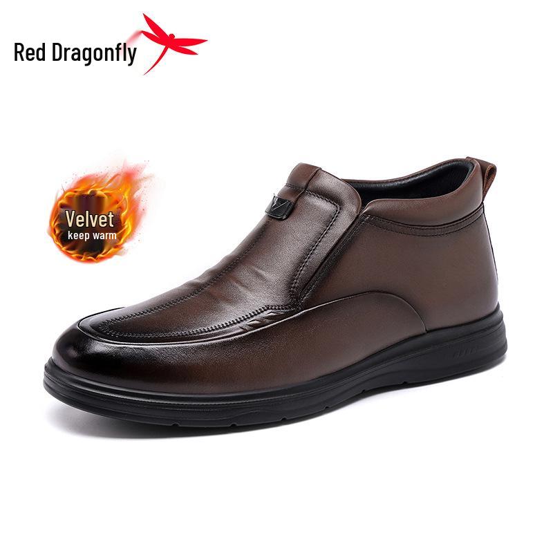 Мужские зимние повседневные кожаные слипоны Red Dragonfly с меховой подкладкой