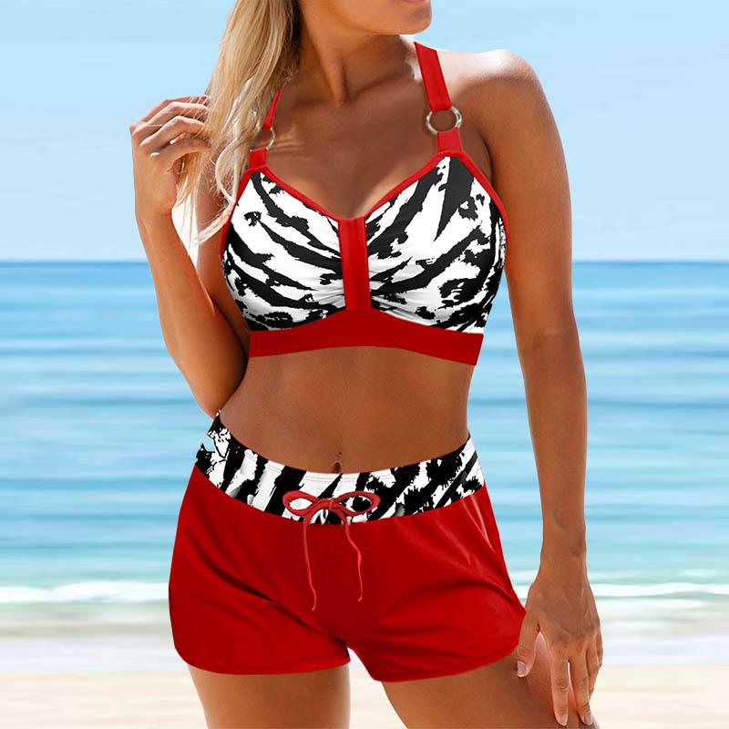 Женский купальник с бретелями и красочным флуоресцентным принтом, бикини с коротким топом, купальник