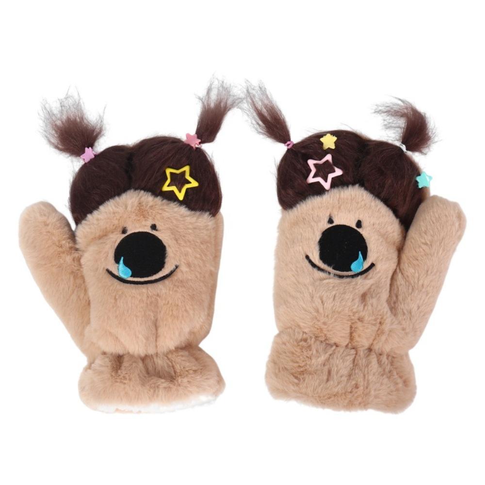 DIY Ponytail Cartoon Plush Gloves Keep Warm Neck Hanging Mittens Cute Fluffy Gloves Winter