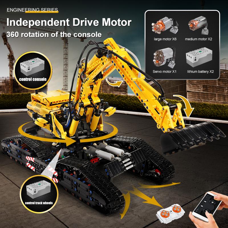 MOLD KING 17018, технические наборы для сборки автомобилей, вездеходный экскаватор, грузовик-гусеничный грузовик, кирпичи, игрушки, радиоуправляемая инженерная машина для мальчиков