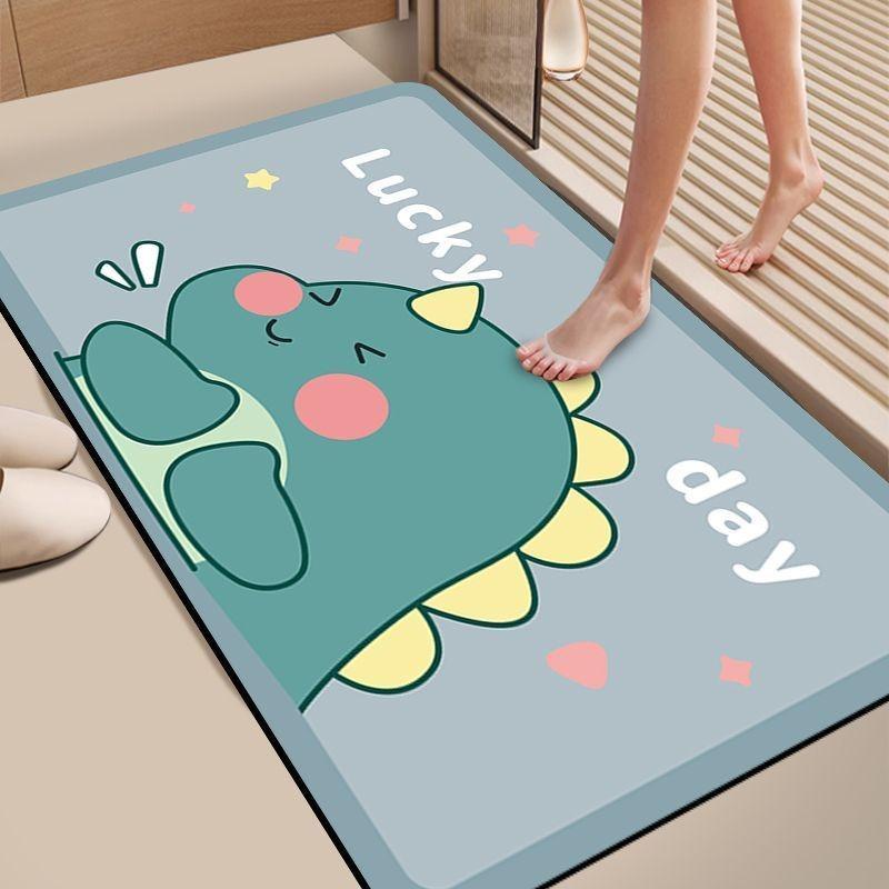 Diatom Mud Bathroom Mat Cartoon Bear Trio Pattern Quick Dry Absorbent Rug Non Slip Toilet Door Mat with “WELCOME HOME” Text