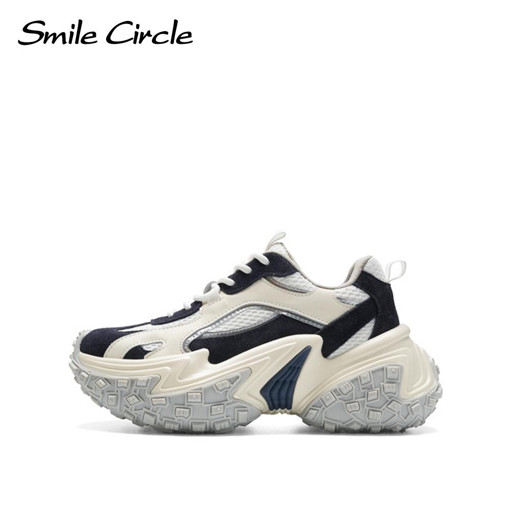 Модные женские кроссовки с круглым носком на шнуровке, удобные повседневные туфли на толстой подошве