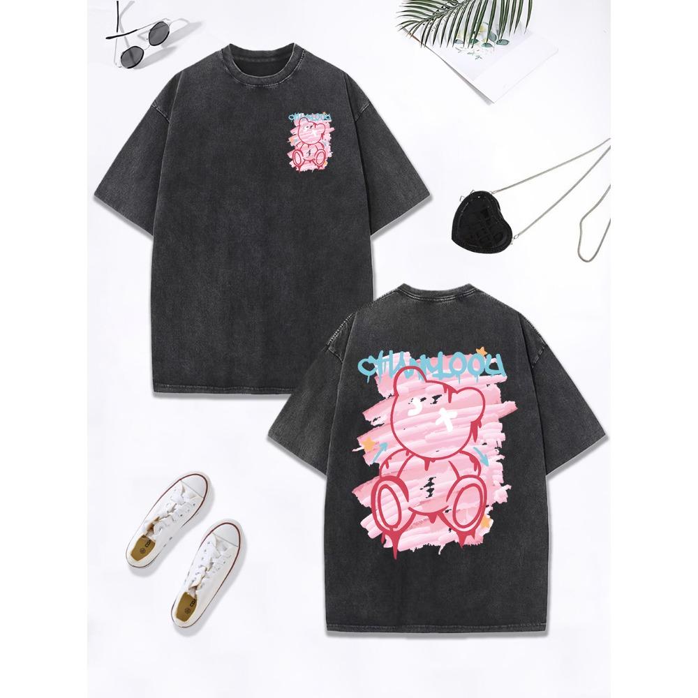 Graffiti Toy Cartoon Bear Prints Washed T-Shirt Women Cotton Oversize Tops Comfortable Distressed O-Neck T Shirt Clothes