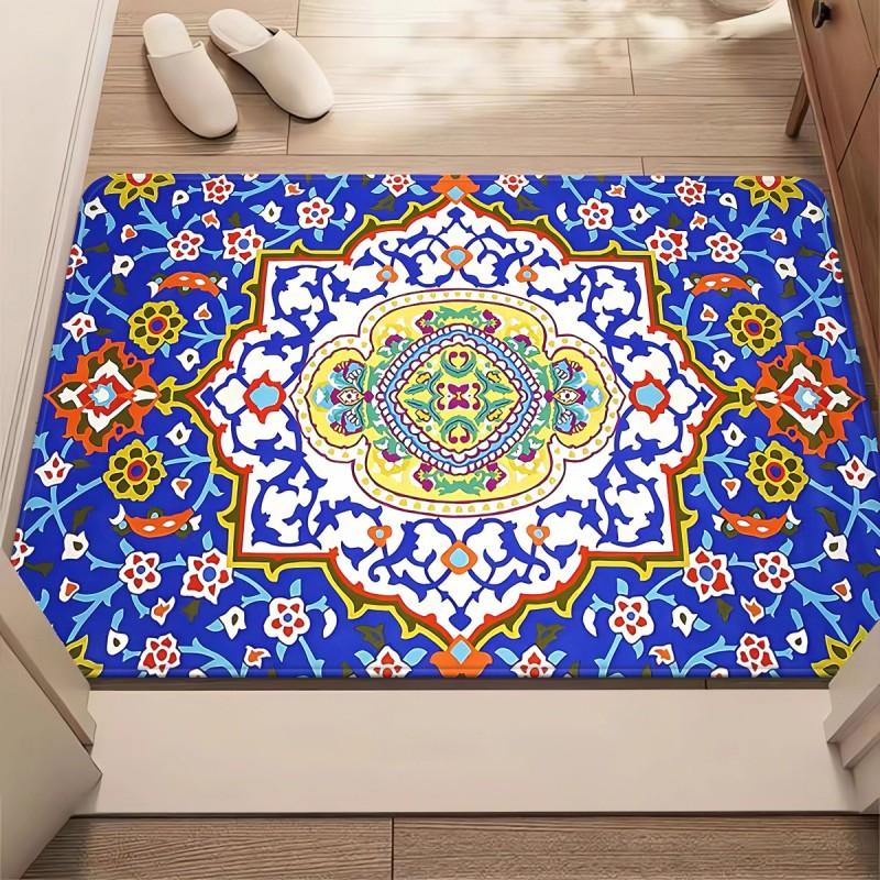 Moroccan Blue Yellow Floral Tile Patchwork Front Door Mat Non Slip Entryway Rug For Indoor Entry Floor Decor