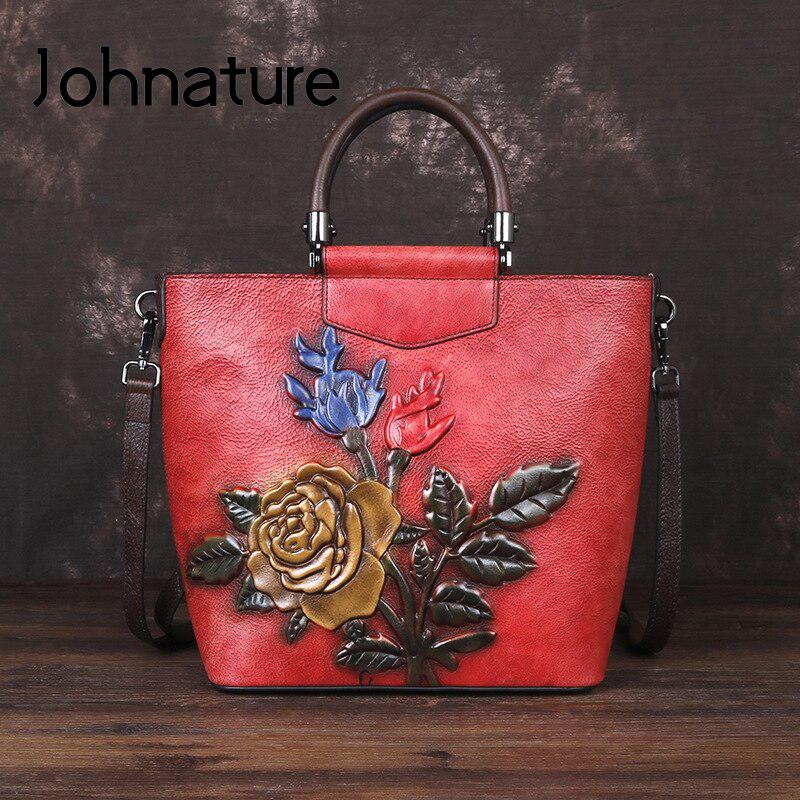 Johnature Retro Large Capacity Luxury Handbags Women Bags Designer Genuine Leather Casual Tote Rose Shoulder Bags