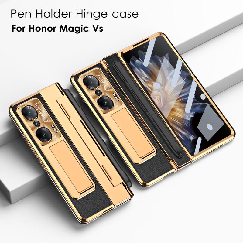For Honor Magic Vs Case Plating Leather Hinge Pen Holder Hard Bracket Cover For Magic Vs Funda With Glass Flim
