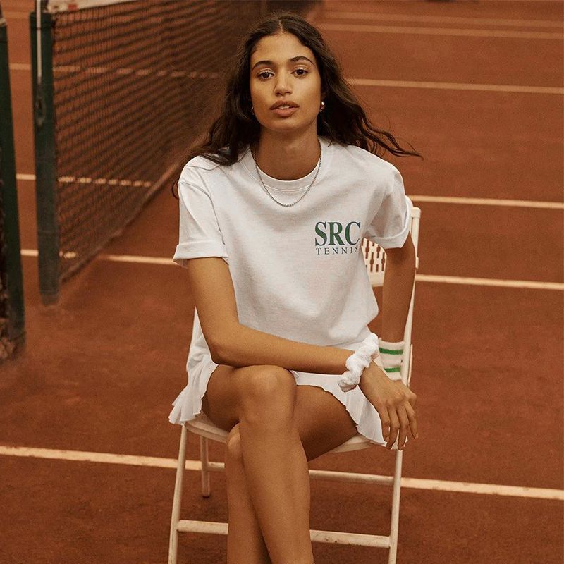 Tennis Shoulder Short Sleeve T-shirt Women's Summer New Arrival Loose Pure Cotton American Retro Minimalism Tennis Half Sleeve