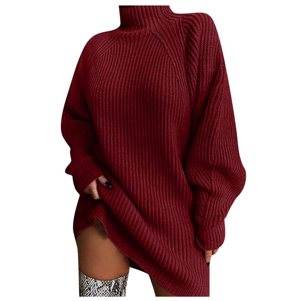 Women's Fashion Casual Knitting Solid Color Long Sleeve Turtleneck Sweater Dress