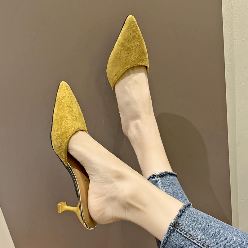 Fashion Kitten Heel Baotou Slippers Women Spring and Summer New Versatile Pointed Toe High Heels Stiletto Half Slippers