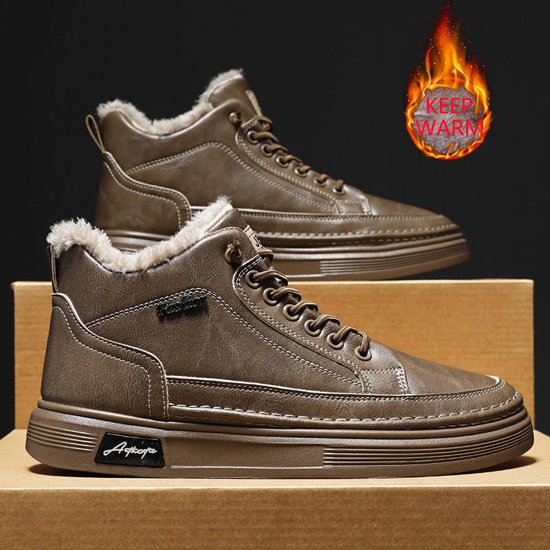 Men Boots Winter High Top Leather Shoes Plush Keep Warm Fashion Ankle Boots Business Casual Outdoor Shoes