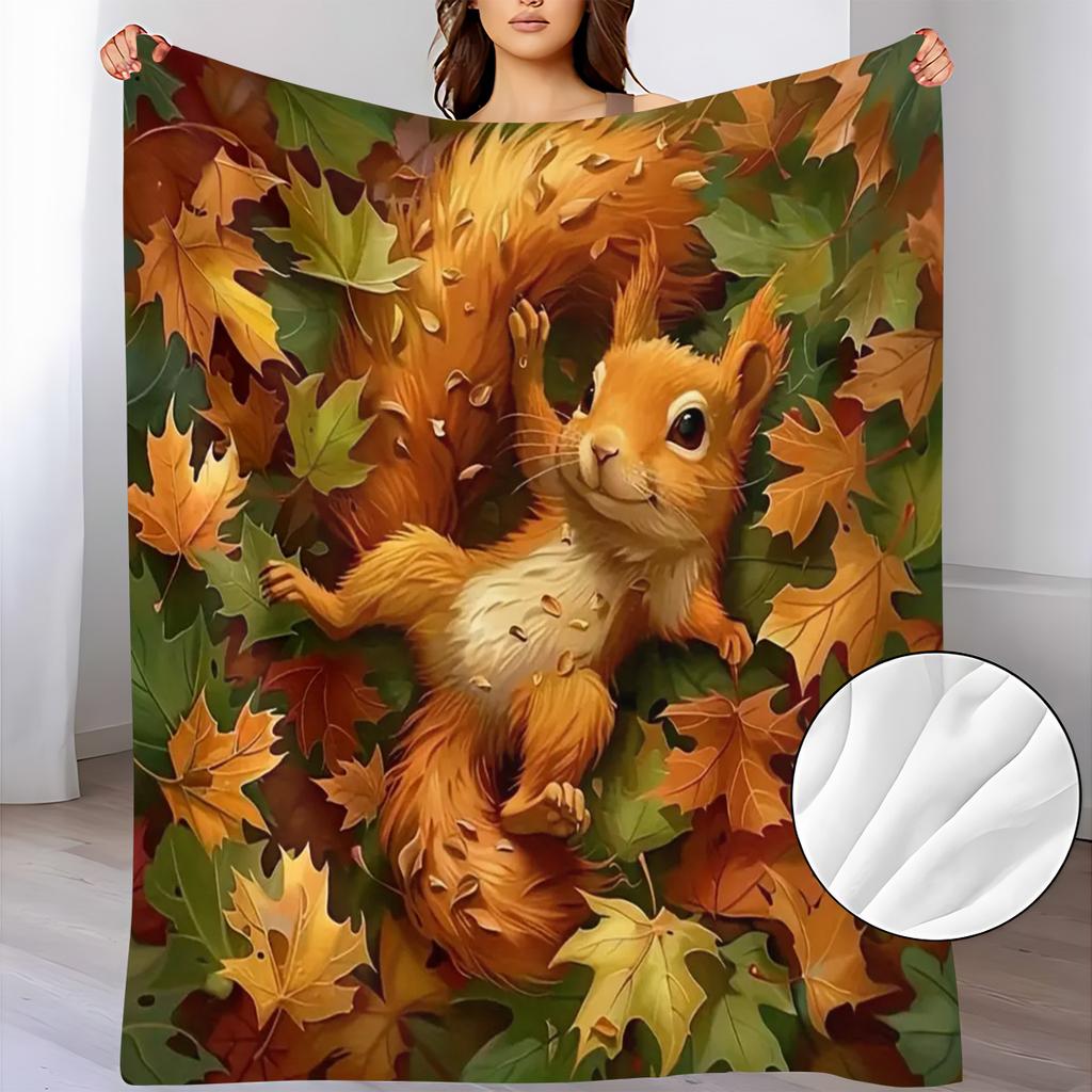 Cozy Squirrel & Maple Leaves Flannel Blanket - Soft Warm All-Season Bedspread with Red/Green/Yellow/Golden/Brown Autumn Foliage Print, Plush Bed Cover