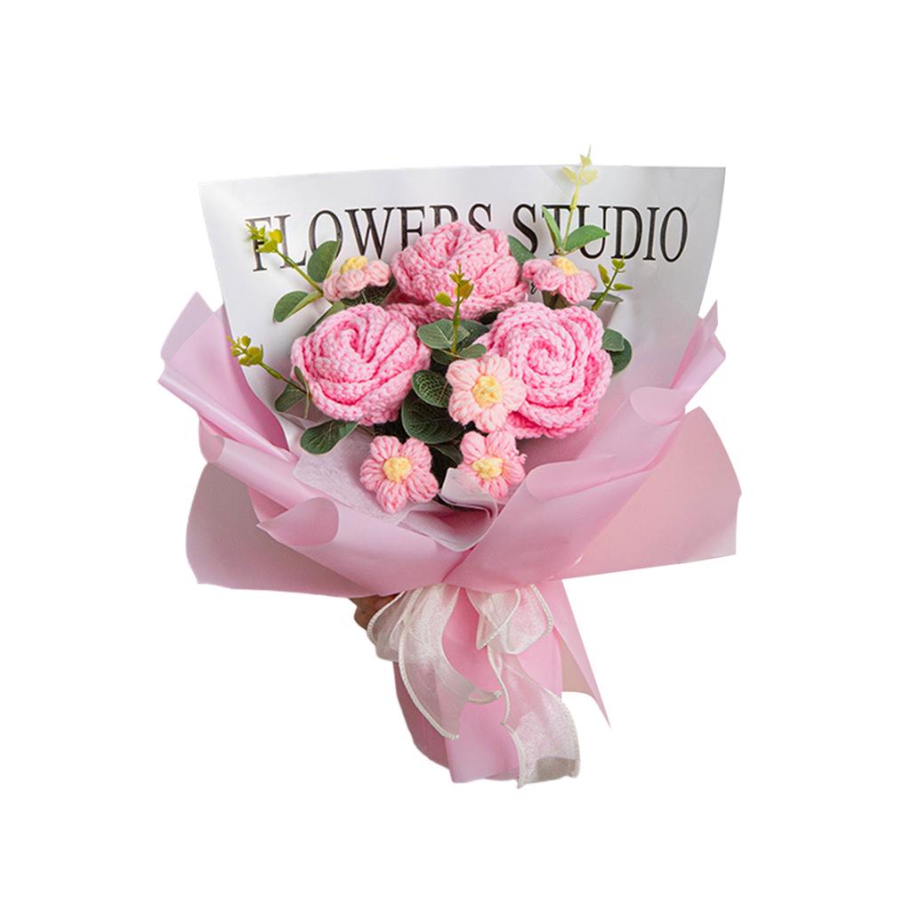 Crochet Flower Bouquet with LED String Lights Gift Bag for Mother's Day Gift, Knitted Bouquet Artificial Rose Flowers